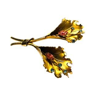 Vintage mid century brooch goldtone fronds pink & blue rhinestones romantic chic